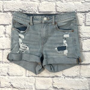 Aeropostale High Rise Midi Jean Shorts Cuffed Hem Distressed Light Wash Size 8